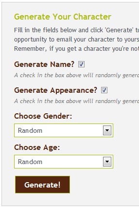 The search screen of Duolit's YA Character Generator