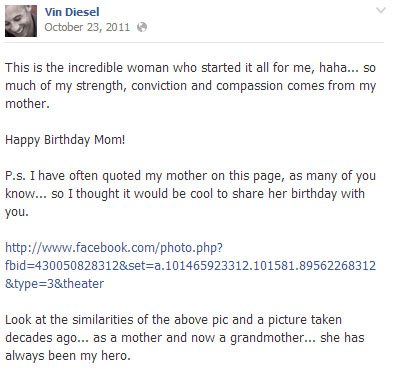 Vin Diesel Facebook Post